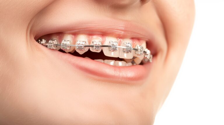 Close-up of metal orthodontic braces on upper teeth, showing a patient smiling during orthodontic treatment to straighten teeth and improve alignment.